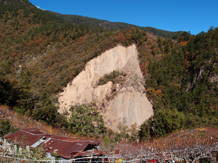Figure 3. A landslide of meta-sandstone caused by river lateral erosion near Lishan Fault at the upstream of the Dajia River. 