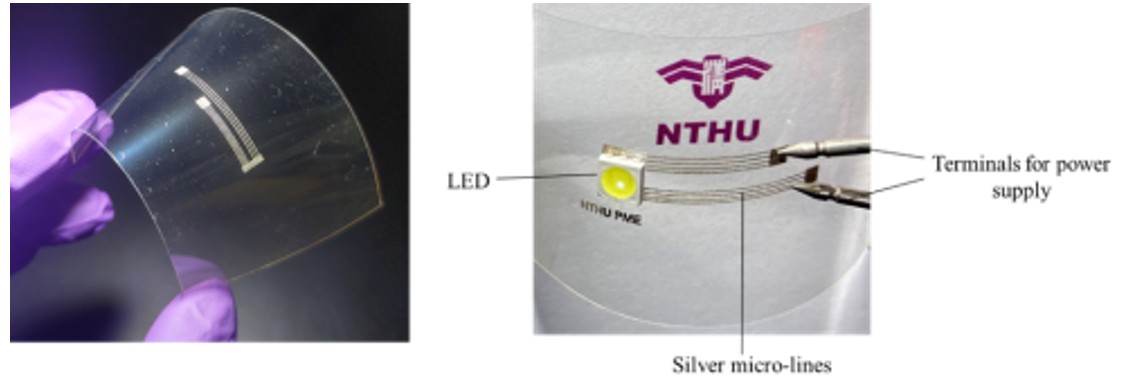 Figure 2. Conductive patterns fabricated by LDSP on a polyethylene terephthalate film for illustration and the demonstration of electrical conductivity. (courtesy of MT Lee’s group at NTHU)