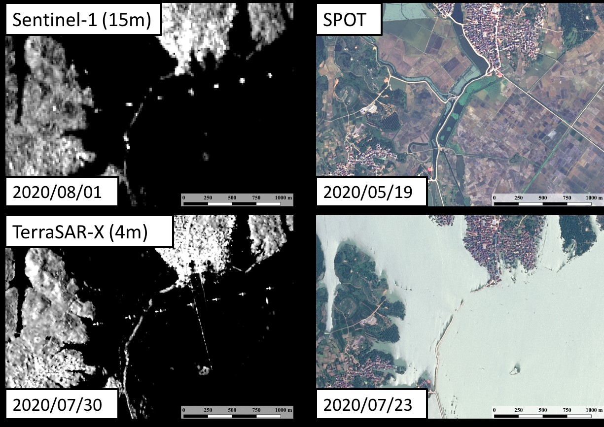 圖2：長江水患監測案例，右上為未淹水前的光學衛星影像，右下為淹水後之情形；左圖則為不同來源與解析度之雷達遙測影像，黑色區域為淹水區。