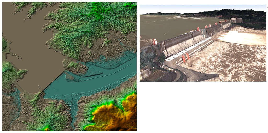 Fig. 3: Three-dimensional DSM of the Three-Gorges Dam area (left) and the textured 3D model of the dam (right) generated with stereo satellite remote sensing.