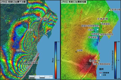 圖4：2018花蓮地震雷達差分干涉成果（左）及LOS變位分析（右）