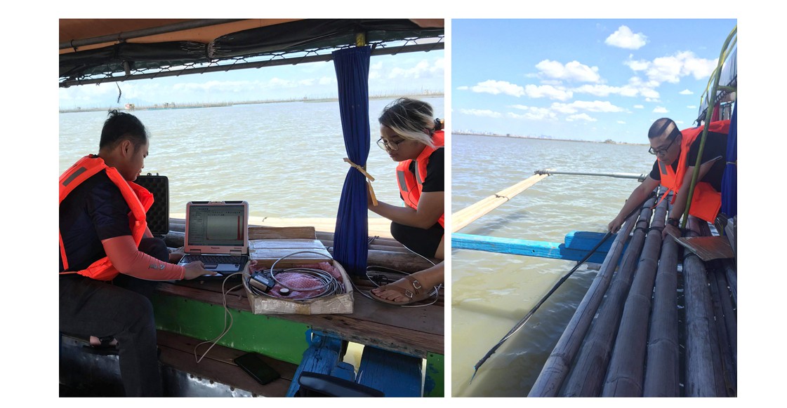 圖1：國立成功大學與菲律賓大學團隊進行拉古納湖水體樣本採集，採集時間需與Sentinel-3衛星通過時段一致。