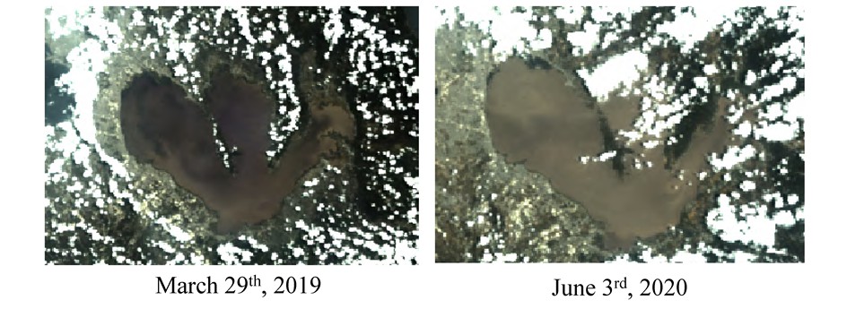 圖2：拉古納湖Sentinel-3衛星影像。拉古納湖位於馬尼拉東方，是菲律賓最大的湖泊。衛星影像拍攝於2019年與2020年，部分水域被雲層覆蓋。