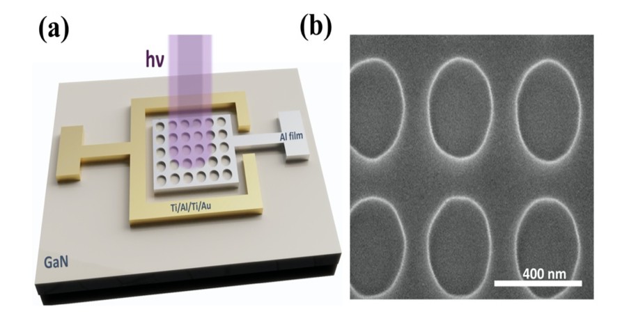 圖三 (a)鋁基紫外光感測器之設計。(b)掃描式電子顯微鏡下的奈米洞陣列，直徑與週期分別為220 nm與320 nm。