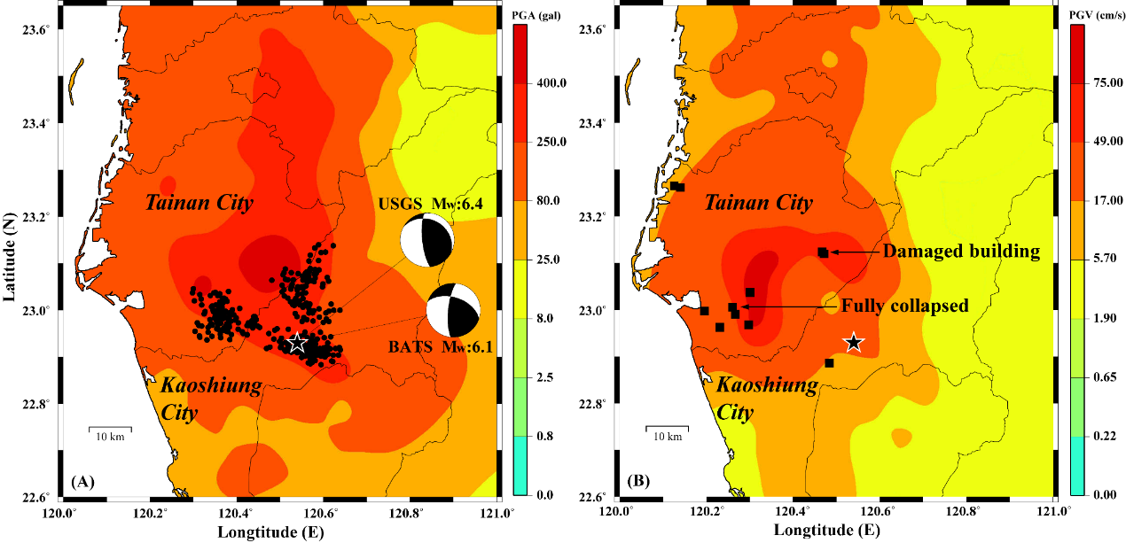 Figure 2. (A) PGA shake map of the earthquake source regions and focal mechanisms as well as aftershock distribution of the 2016 Meinong earthquake reported by the Central Weather Bureau (CWB). (B) PGV shake map of earthquake source regions. Solid squares show the sites of the structurally damaged buildings. Most of them are located in the areas where PGV> 17 cm/s (Wu et al., 2016).
