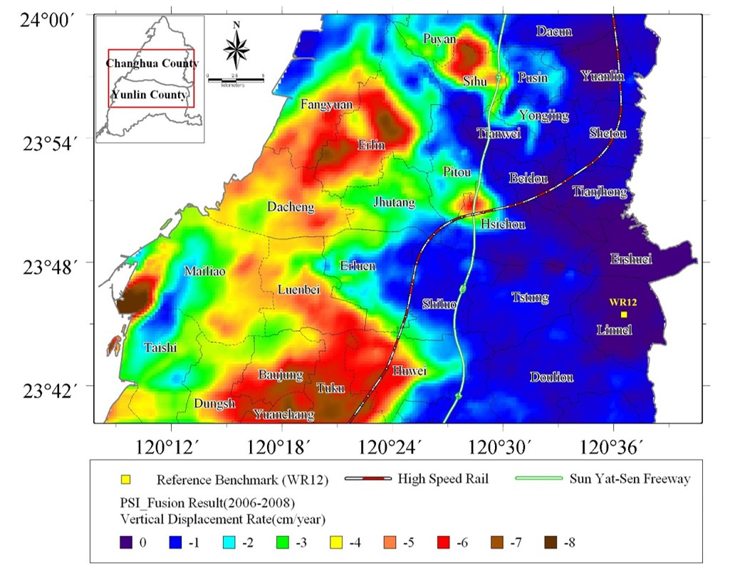 Fig. 2: Rates of land subsidence (in cm/year) in Changhua and Yunlin over 2006–2008 from Envisat SAR images. Warm colors indicate large subsidence rates.