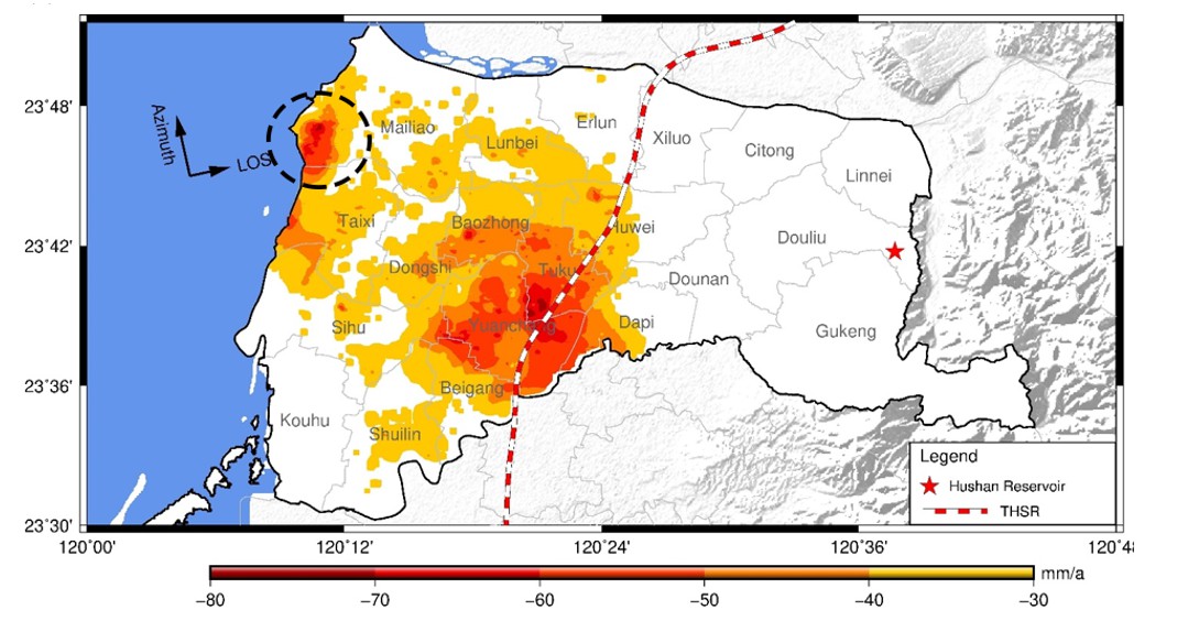 Fig. 3: Rates of land subsidence in Yunlin from April 2016–April 2017 from Sentinel-1A SAR images.