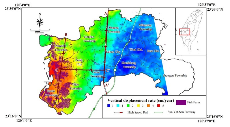 Fig. 4: Rates of land subsidence in Chiayi County. Large rates occur in Chiayi’s coastal area with fish farms.