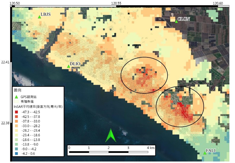 Fig. 5: Rates of land subsidence in Pingtung from Sentinel-1A (2018-2020).