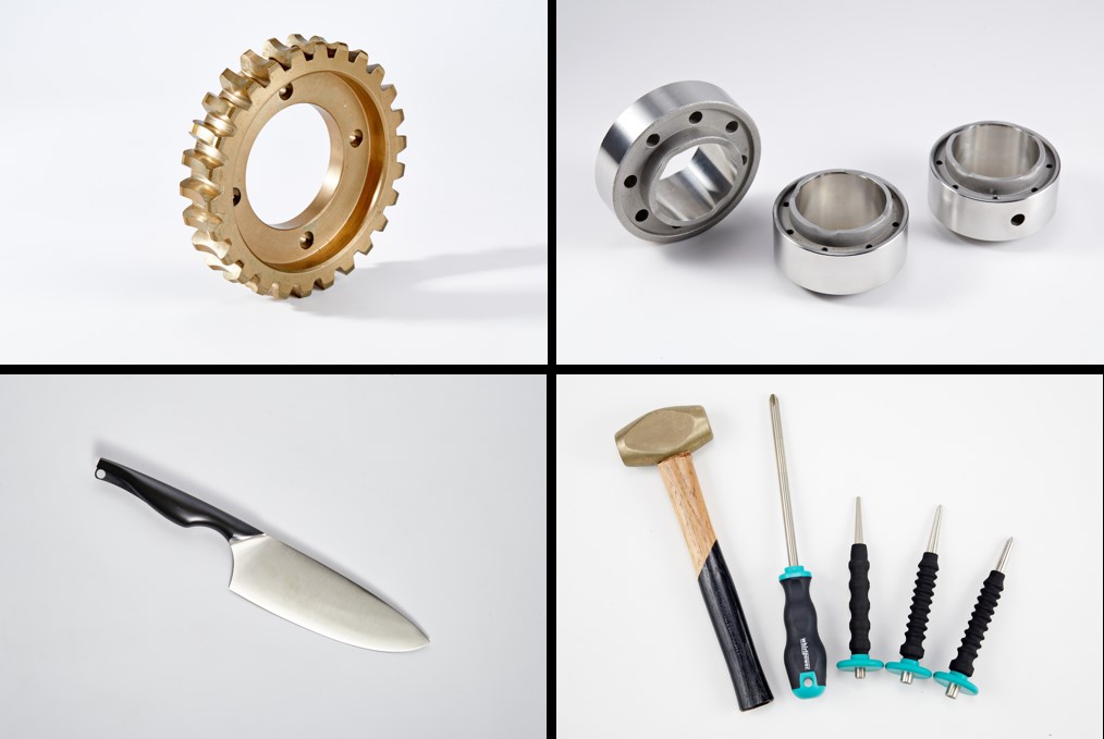 Fig. 2: Applications of high-entropy alloy products: upper left is a worm gear for CNC machines; lower left is an antibacterial knife; upper right is an oil well bearing; and lower right is a set of beryllium-free and spark-free tools.