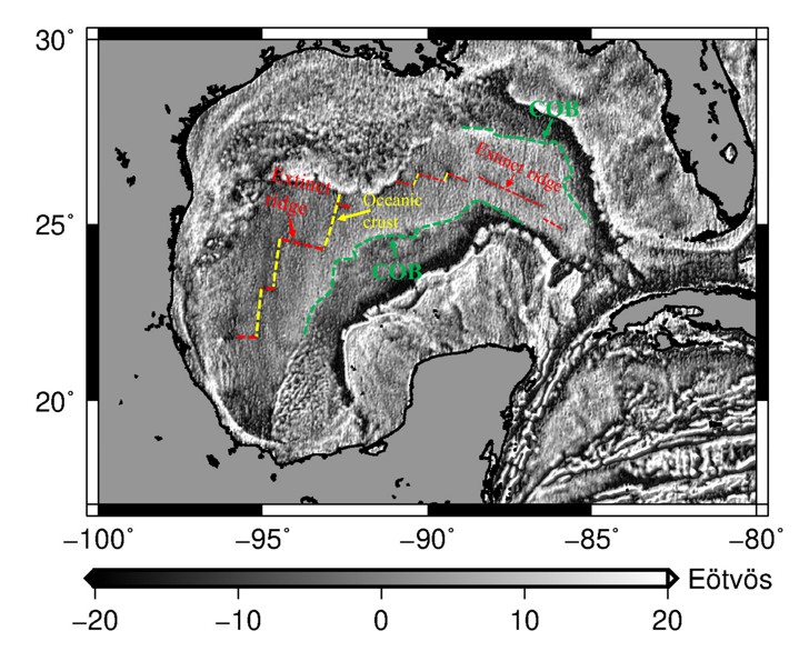 圖三：墨西哥灣垂直重力梯度（Sandwell et al., 2014）。該圖揭示了絕跡擴張脊（extinct ridge），斷裂帶以及大陸－海洋邊界（COB）。