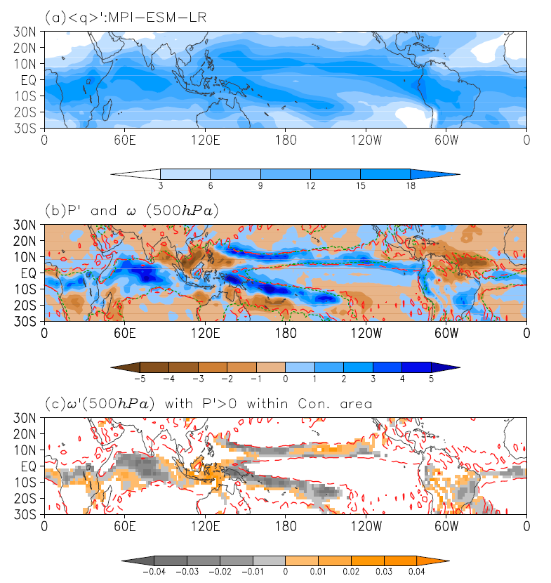 Figure1: Global-warming-induced changes in (a) column-integrated water vapor (mm), (b) precipitation (mm/day), and (c) vertical velocity (Pa/s) at 500 hPa over climatologically convective zones with positive precipitation anomalies. The results in December shown here are utilized as an example. These changes are from the MPI-ESM-LR model and were calculated by subtracting the 2080–99 climatology in the RCP8.5 scenario from the 1986–2005 climatology. The red lines in (b) and (c) represent the   contours, which denote the boundary of ITCZs during the period 1986–2005. [adopted from Fig. 1 of Chen et al. (2016)]